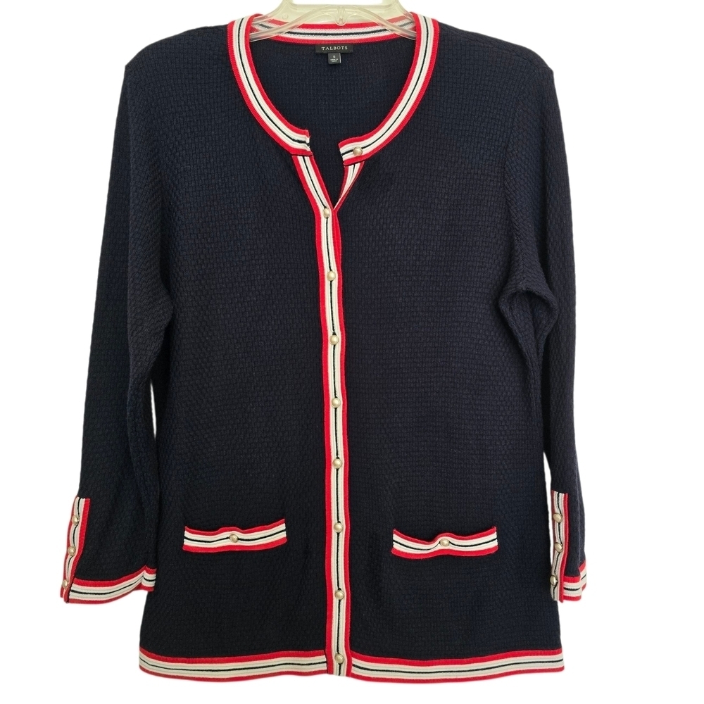 Talbots Navy Cardigan Sweater with Red and White Trim